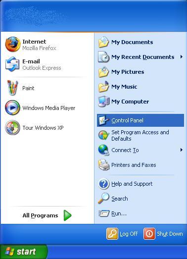 Accessing Control Panels, Windows XP Theme